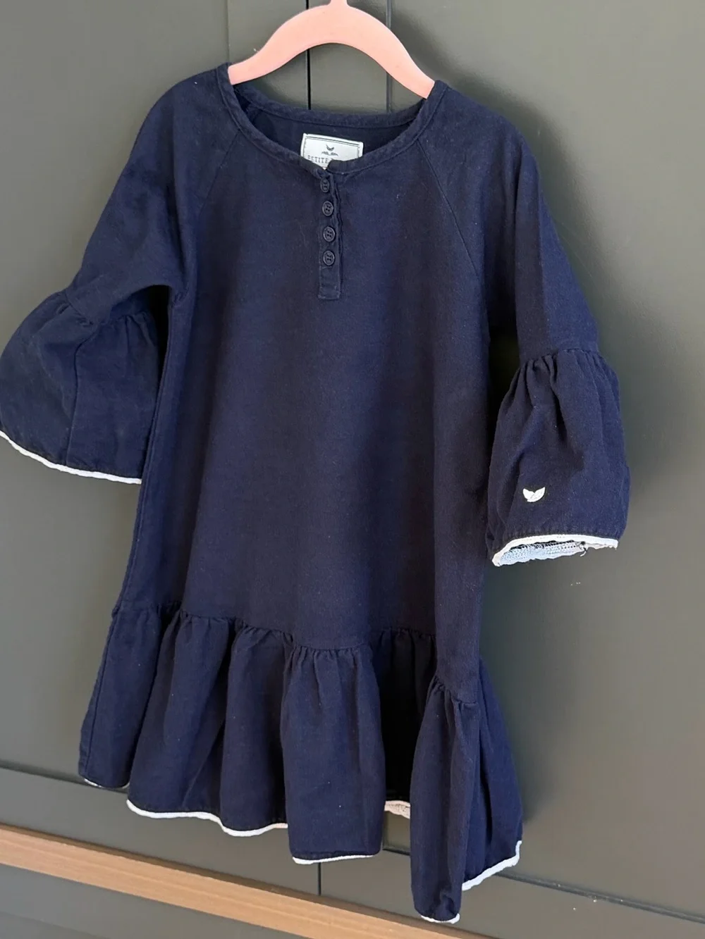 Petite Plume Flannel Arabella Navy Bell-Sleeve Ruffle nightgown dress | 3